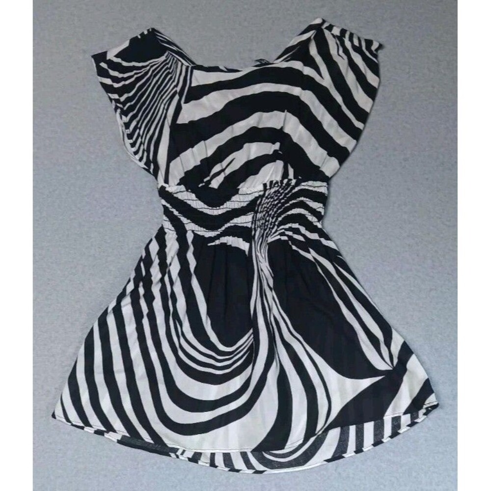 Cefian Fashion Zebra Print Mini Dress M Black White Smocked Waist Y2K Abstract